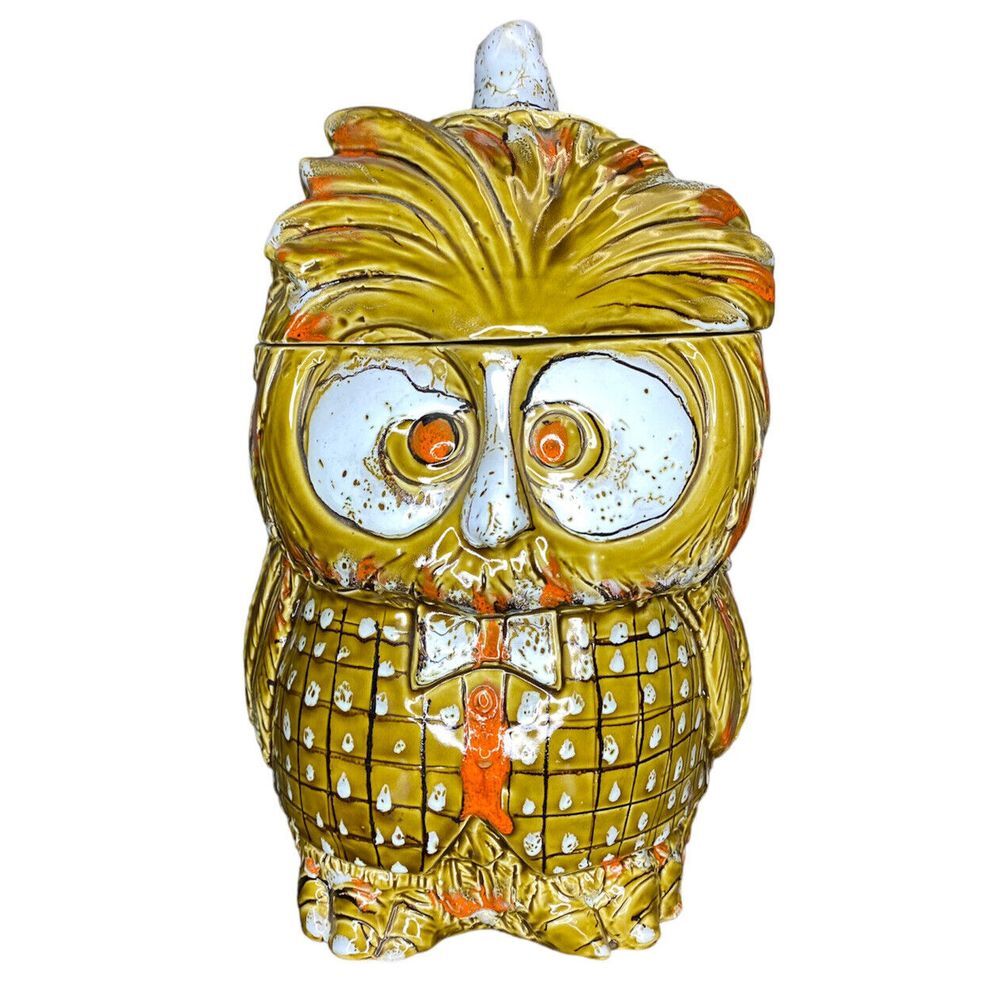 Vintage Owl Cookie Jar Italy Pottery Midcentury Bowtie Glasses Mustard Yellow‎